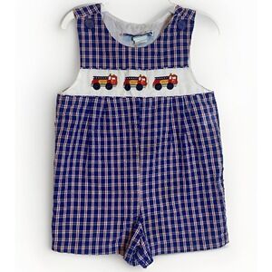 Vtg Samara Baby Romper Size 24 mos Plaid Seersucker Firetruck Summer Outfit